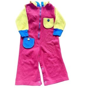 Vintage Kids Baby Primary Color Block Zip Up Wide Leg Jumpsuit Romper Size 18M